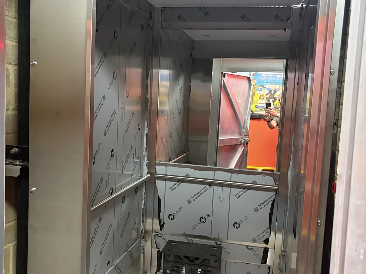 Lift car interior fit-out in progress